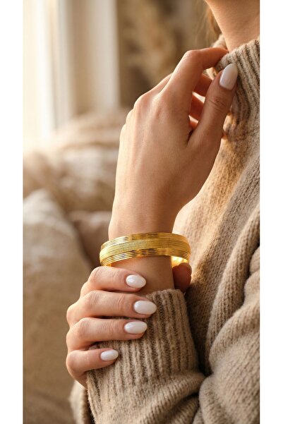 FerizZ Kadın Altın Kaplama Dikey Çizgili Bilezik 15 mm Kalınlık