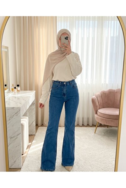 Modamorfo Flared L Stretch Fabric Zippered Jeans with Pockets - Blue