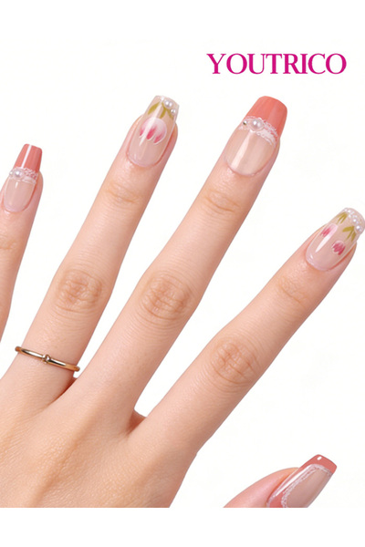 Youtrico 30 أظافر صناعية شبه يدوية، لآلئ ثلاثية الأبعاد، زهور، زهور توليب