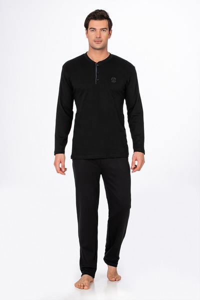 Kompedan Erkek İnterlok Pamuklu Pijama Takımı | Siyah 030