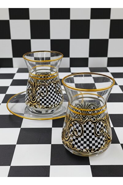 SAMSA Gold Black and White Square Patterned 6 Person Tea Set 6 Person Tea Set