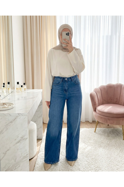 Modamorfo Zippered Palazzo Jeans with Pockets - Light Blue