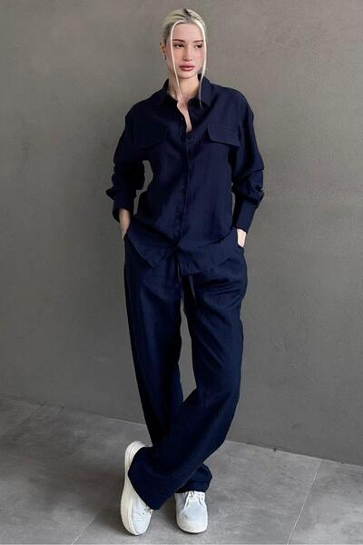 Madmext Navy Blue Tensel Fabric Buttoned Women's Shirt Set Mg2621