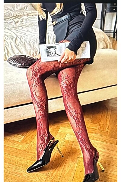 Zess store Zess Cherry Color Mesh Floral Patterned Y2K Pantyhose