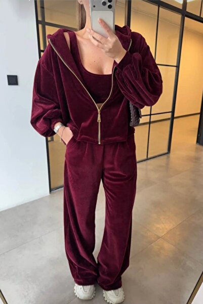 Safgiyim44 طقم مخمل من 3 قطع باللون الأحمر الداكن