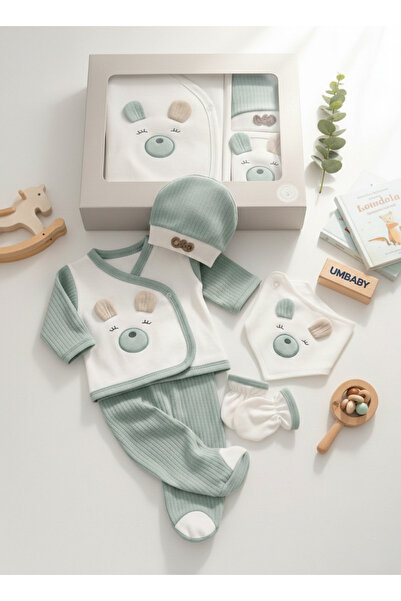 UmBaby طقم خروج من المستشفى لحديثي الولادة مع دمية دب - 5 قطع، 100% قطن، طقم ...