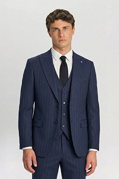 Sabri Özel Giotelli Lacivert Slim Fit Çizgili Mono Yaka Yelekli Takım Elbise