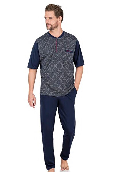 Pierre Cardin 6054 Men's Navy Blue Short Sleeve 3-Piece Jacquard Pajama Set
