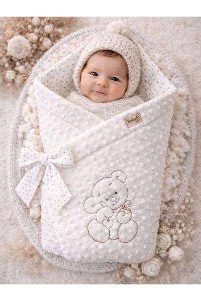 Bebella Ekru Nohut Kız/Erkek Bebek Battaniyesi Kundağı Ayıcık İşlemeli Hastan...