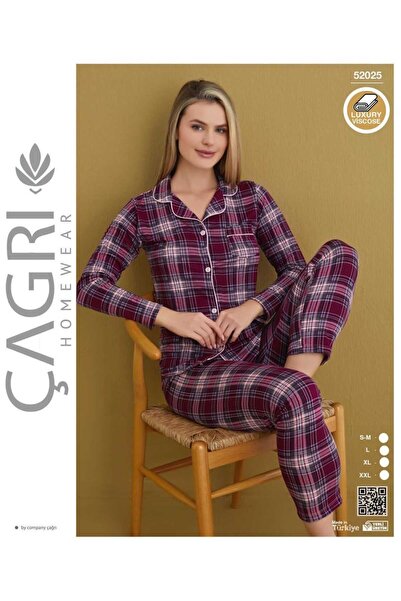 Çağrı Γυναικείο σετ πιτζάμες με μακρυμάνικο ροζ καρό σχέδιο από βισκόζη με κο...