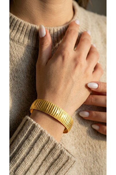 FerizZ 22 Ayar Altın Kaplama Çizgili 15mm Kalınlıkta Bilezik
