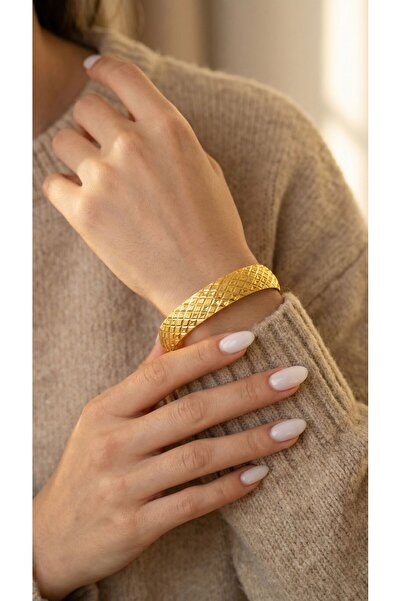 FerizZ 22 Ayar Altın Kaplama Baklava Desenli İmitasyon Bilezik 15mm BLZ-3010