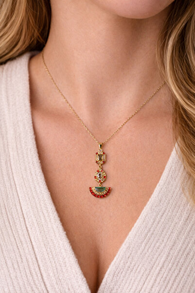 divakse Steel Necklace with Blue Zircon Stone Red Drop Model Silver