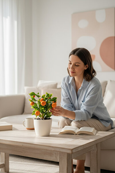 YAPAY ÇİÇEKÇİNİZ شجرة يوسفي صناعية مع جذع خيزران في وعاء بلاستيك أبيض 25 سم