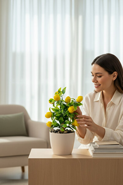 YAPAY ÇİÇEKÇİNİZ شجرة ليمون صناعية مع جذع خيزران في وعاء بلاستيك أبيض 25 سم