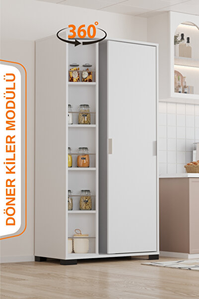 AEKA LUNA Beyaz Döner Çok Amaçlı Dolap – Raflı Mutfak ve Kiler Dolabı