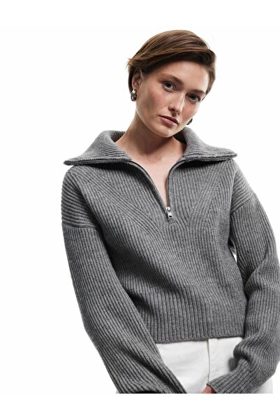 Koton Pulover tricotat cu mânecă lungă și guler cu jumătate de fermoar