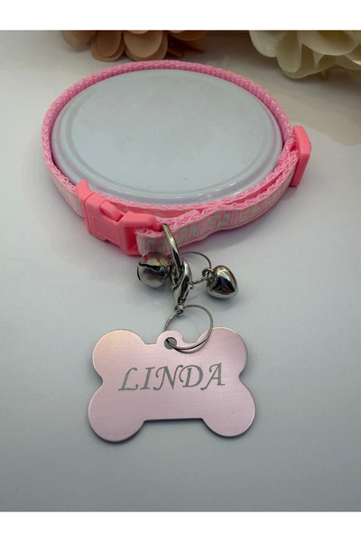 Store Pudra Pembe Pati Desenli Zilli Ayarlanabilir Kedi ve Köpek Tasması İsim...