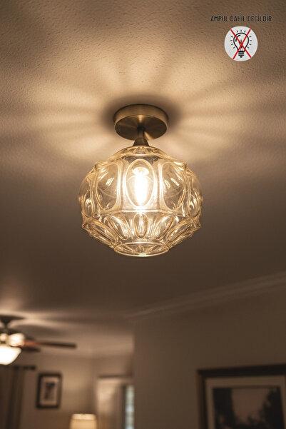 Bamyum Şila Bal Rengi Cam Piramit Retro Plafonyer Başlık Tekli E27 Rustik Avize