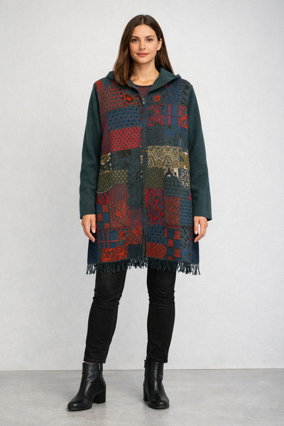 Desen Triko Μάλλινη ζακέτα με κουκούλα με έθνικ σχέδιο και τσέπες