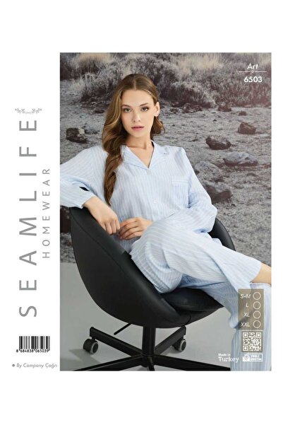 seamlife Set de pijamale țesute cu mâneci lungi, cu nasturi, cu dungi, albast...