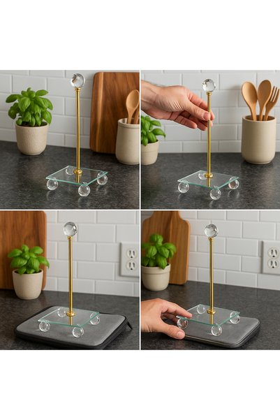 MİS KİTCHEN Crystal Ball Gold Metal Round Napkin Holder Glass Based Napkin Holder Paper Roll Towel Holder