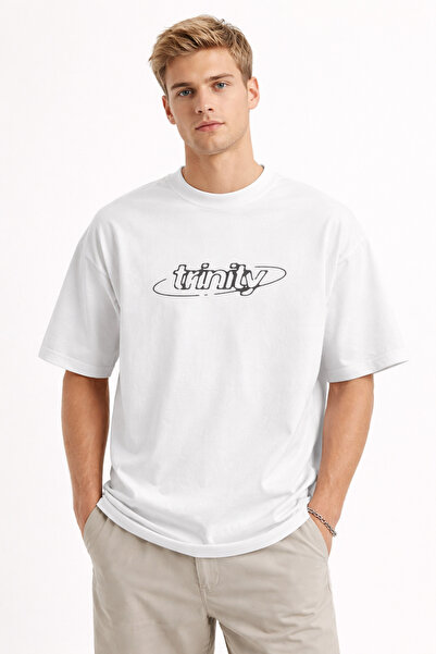 CAMBLYS تي شيرت ترينيتي فرونت مطبوع قصة فضفاضة من القماش السميك بمقاس واسع لل...