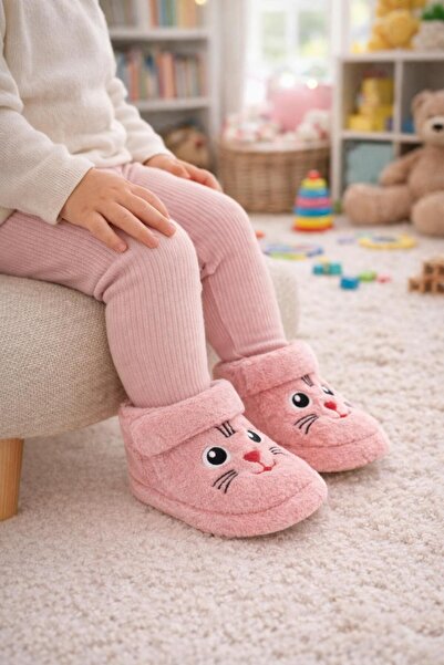 Büşra Sultan Ayakkabı & Çanta Bebek Pembe Hayvan Kedi Figürlü Çocuk Panduf Ka...