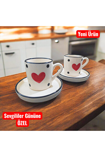 Ganita home Kahve Fincanı 2 kişilik 4 Parça Kalp & Puantiye Double Boy