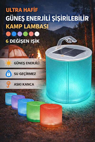 Ecuy Ultra Hafif Güneş Enerjili Şişirebilir Kamp Lambası 6 Değişen Işık Su Ge...