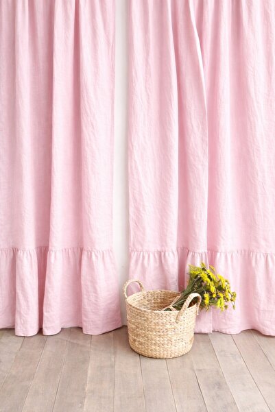 shules collection Fırfırlı Doğal Vintage Pembe Keten Perde (EN X BOY)-tek Kan...