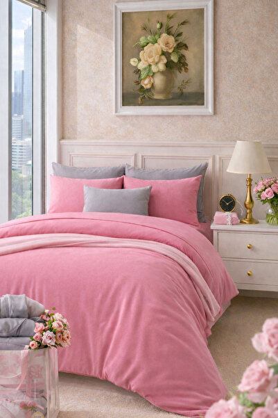 İQON Flat Sheet Duvet Cover Set 100% Cotton Single Size Pink-Grey