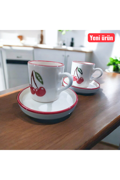Ganita home Kahve Fincanı Kirazli 100 ml Double Boy 2 Kişilik Yuvarlak Tabak