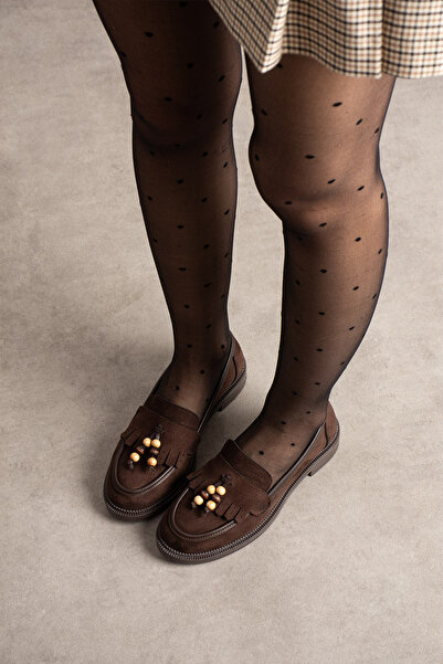 guijarro Balerini din piele intoarsa maro brodata cu margele de calitate premium