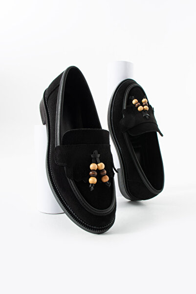 guijarro حذاء كاجوال من جلد الغزال الأسود على الطراز البوهيمي مزين بالخرز الخشبي