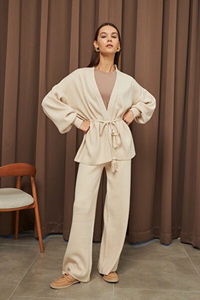 Bipantolon Γυναικείο Σετ Πλεκτό Ζακέτα με Φούντα στη μέση και Λεπτομέρεια με ...