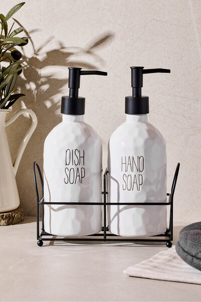 Perotti طقم صابون للمطبخ من سابون وايت مكون من قطعتين مع حامل معدني أسود