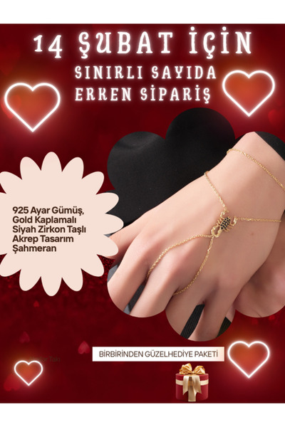 SUNSHINE 925 Ayar Gümüş, Gold Kaplamalı Siyah Zirkon Taşlı Akrep Tasarım Şahm...