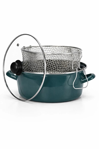 PR HOME قدر قلي بغطاء زجاجي مطلي بالمينا 24 سم أخضر بترولي