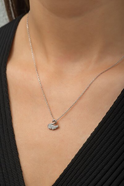 SUNSHINE 925 Ayar Rodyum Kaplamalı Beyaz Taşlı Minimal Kuğu Gümüş Kolye