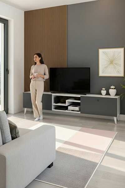 izcodesign Model Z 150 cm Antrasit Beyaz TV Ünitesi – Dekoratif Raflı 2 Kapaklı Modern Fonksiyonel TV Sehpası