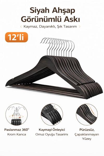 Dory 12 Adet Ahşap Görünümlü Elbise Ve Kıyafet Askısı - Siyah Askı