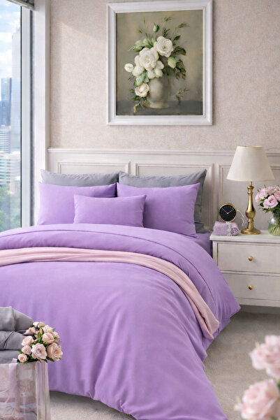 İQON طقم غطاء لحاف مع ملاءة مطاطية لسرير فردي باللون الأرجواني الفاتح والرمادي