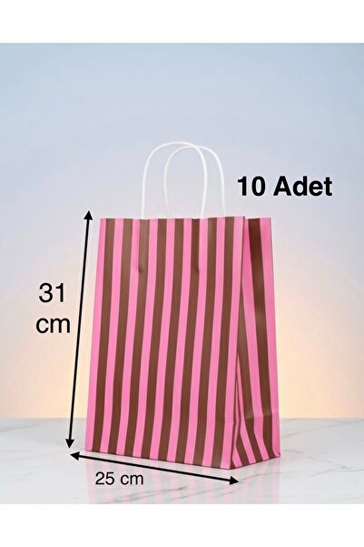 e Erta Çizgili Pembe Ve Kahverengi Çizgili Kraft Çanta 25x31Cm 10Adet Hediye ...