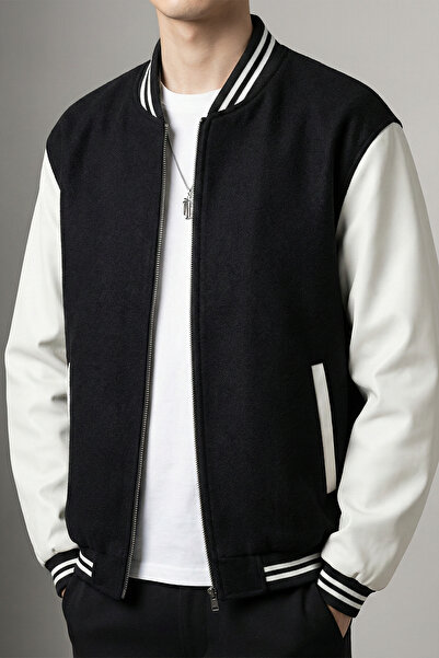 Ticen Erkek Siyah Beyaz Fermuarlı Beyzbol Ceketi – Polyester Kumaş, Gündelik ...