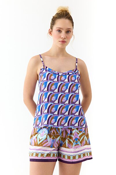 Amarelle طقم بيجامة بحمالات رفيعة ونمط أرجواني من ليبرتي مع شورت