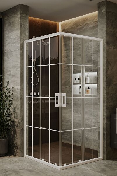 MONAQUA Arteko Duşakabin Kare - Beyaz Profil - Karolaj Beyaz Çizgili 5mm Cam