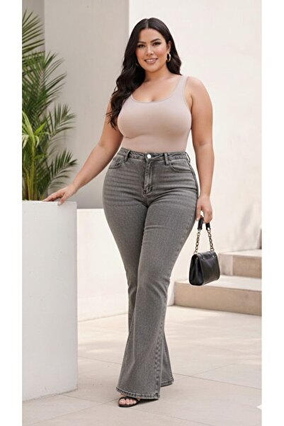 FİVA JEANS يبرز انحناءات الجسم واسع الأرجل بنطال جينز مرن عالي الخصر مقاس كبي...