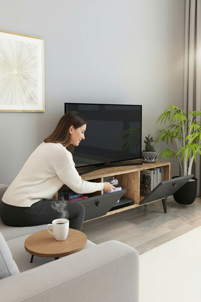 izcodesign 2 Kapaklı TV Ünitesi 120 cm – Antrasit Meşe TV Sehpası | Modern TV Konsolu | Televizyon Ünitesi