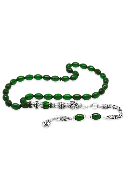 Tesbihane 925 Ayar Gümüş Kral Püsküllü Nakkaş İmameli Kurt Başı Tasarım Yeşil...